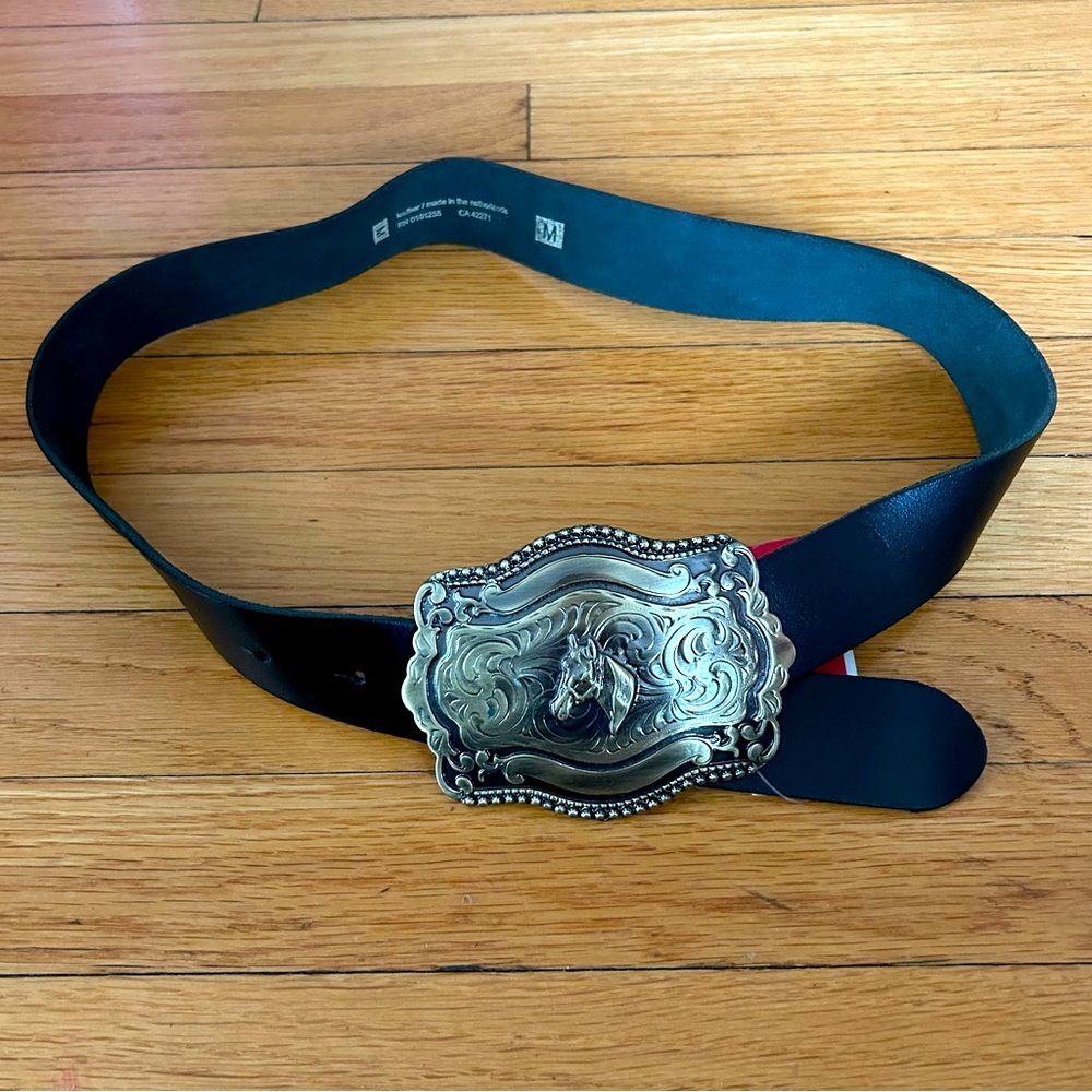 H&M Divided Leather Belt M Black Horse Head Buckle Adjustable Equestrian NWT